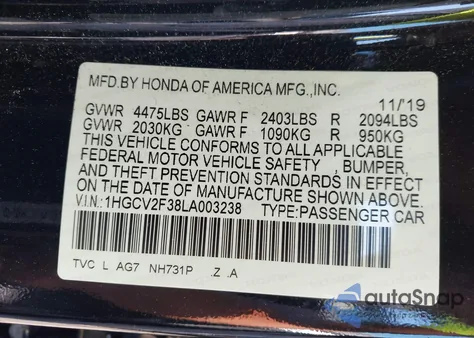 2020 Honda Accord Sport from USA, damaged, VIN 1HGCV2F38LA003238